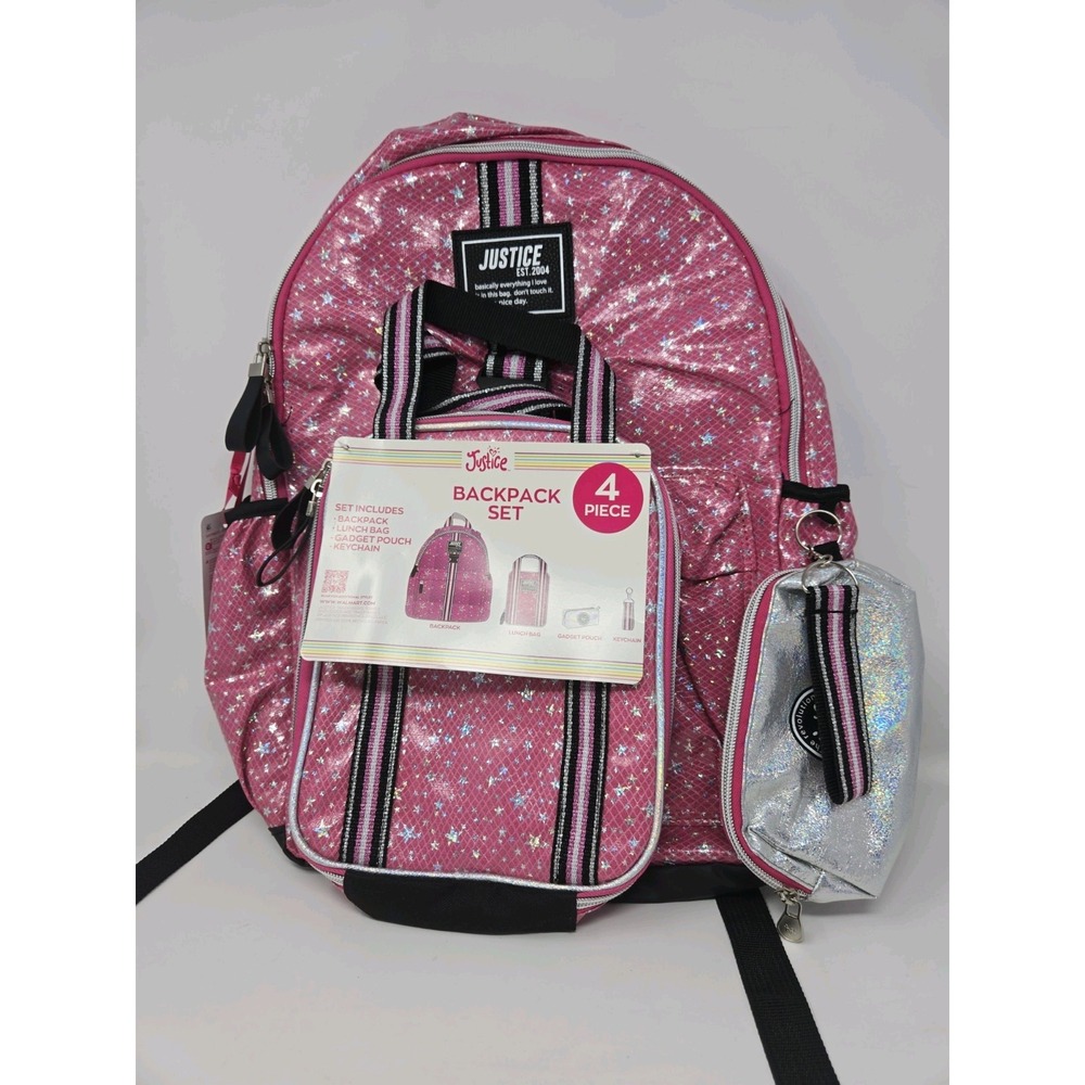 JUSTICE CORAL/SILVER METALLIC GEOMETRIC STARS BACKPACK/LUNCHBOX/PENCILCASE 4PC